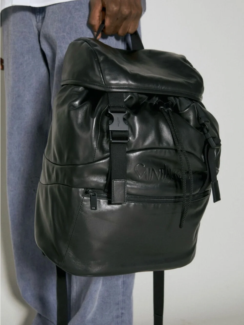 Saint Laurent Black Embossed Leather Backpack